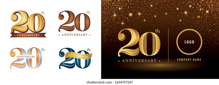 Set of 20th Anniversary logotype, Twenty years Celebrating Anniversary Logo silver and golden, Vintage and Retro Serif Number Letters, Elegant Classic Logo for Congratulation celebration event,