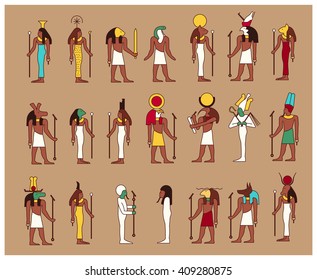 Set of 21 ancient male and female egyptian gods drawn in classic egyptian style