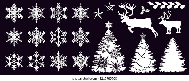 Set of 21 christmas design elements. / Christmas vector illustrations. / Snow crystal, Snow flake, Star, Christmas tree, Reindeer, Holly
