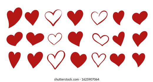 Set of 21 different simple red hearts isolated on white for Valentines day card or t-shirt design. Hand drawn style. Vector illustration.