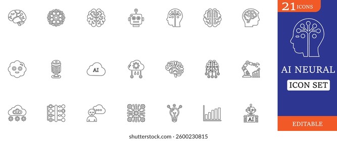 A set of 21 editable icons related to AI, neural networks, and robotics, perfect for tech designs.