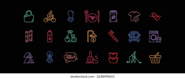 Set of 21 editable stroke icons representing eco-friendly lifestyle practices. Includes reusable items, plant-based meals, electric transport, composting, green cleaning, and zero-waste habits.