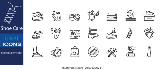 Un conjunto de 21 iconos de trazo editables que representan los pasos y herramientas esenciales para el cuidado de los zapatos. Perfecto para empaques, manuales o etiquetas de productos de limpieza.
