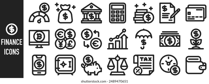 Set of 21 Finance web icons in line style. Business, money, currency, investment, growth, coin, collection. Vector illustration.