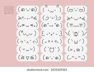 Set mit 21 Kawaii Kaomoji Emoticons im Smartphone-Stil, japanisches und asiatisches niedliches Design, editierbarer Strich. Handgezeichnete isolierte Vektorgrafik