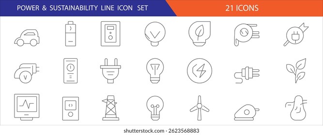 Un conjunto de 21 iconos de líneas que muestran energía, energía renovable y tecnología ecológica, incluidos automóviles eléctricos, turbinas eólicas, enchufes y soluciones verdes para proyectos sostenibles.