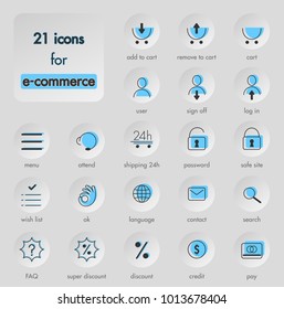 set of 21 minimalist and linear icons for e-commerce with a splash of color, vector.