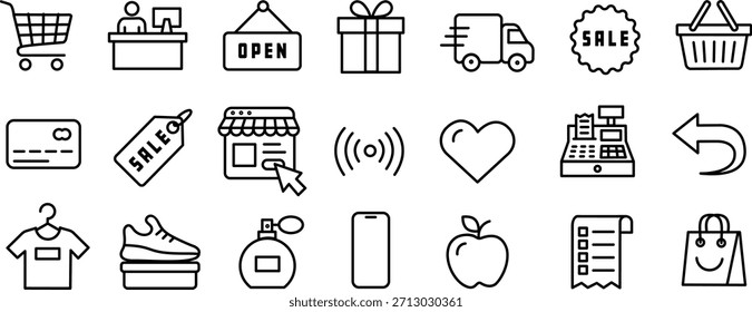 Un conjunto de 21 íconos de compras de Vector minimalistas: Carrito, Completar compra, entrega, pago, tienda, venta, lista de deseos, devolución, pedidos y Elementos de interfaz esenciales para la venta minorista en línea y el comercio electrónico.
