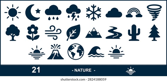 Set of 21 nature and weather vector icons in flat dark blue style on white background .clean, grouped ,vector icon illutration
