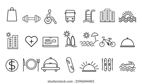 Set of 21 outline icons related to resort. Linear icon collection. Editable stroke. Vector illustration