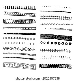 set of 21 pattern brushes. vector illustration. Isolated on a white background. Hand-drawn in the style of a doodle. cartoon. It can be used in banners and posters.
