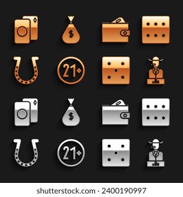 Set 21 plus, Game dice, Poker player, Horseshoe, Wallet with money, Deck of playing cards and Money bag icon. Vector