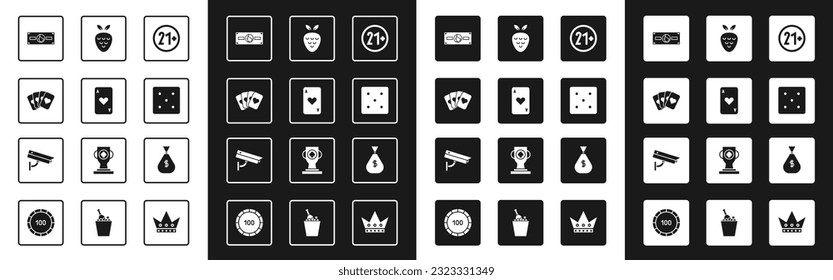 Set 21 plus, Playing card with heart, Deck of playing cards, Stacks paper money cash, Game dice, Casino slot machine strawberry, Money bag and Security camera icon. Vector