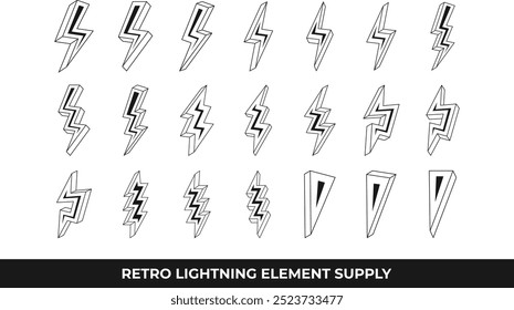 Set of 21 retro lightning bolt designs suitable for adding a vintage touch to various design projects like posters or apparel.