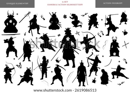 A set of 21 samurai action silhouettes vector graphic resources with accessories like swords,bow and arrows and more.EPS 10 editable vector icons of japanese samurai warriors in different stances.