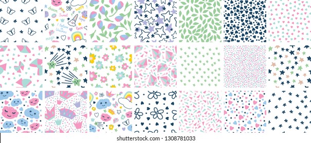 set 21 seamless patterns with decorative elements rainbow, donut, ice cream, clouds, cupcake, butterfly,stars,crown,diamond, hearts, bow,flowers