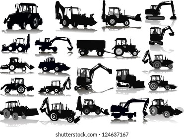 Set of 21 silhouettes of a tractors of road service