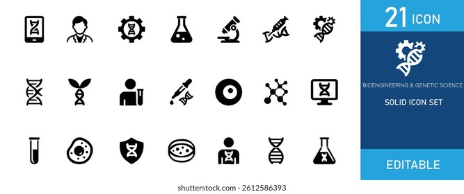 A set of 21 solid bioengineering and genetic science icons. Perfect for medical, biotech, research, laboratory, and DNA-related projects. Clean and minimal style.