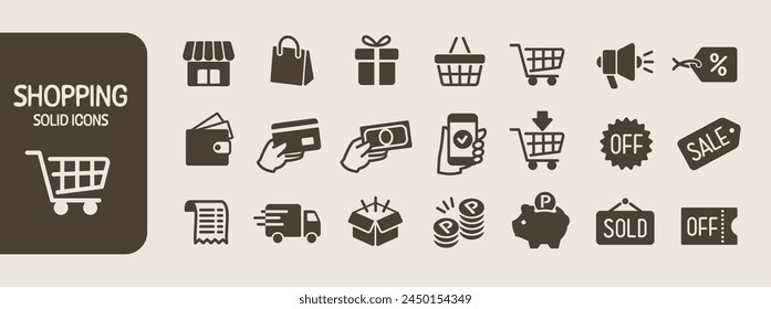 Conjunto de 21 iconos de compras sólidas