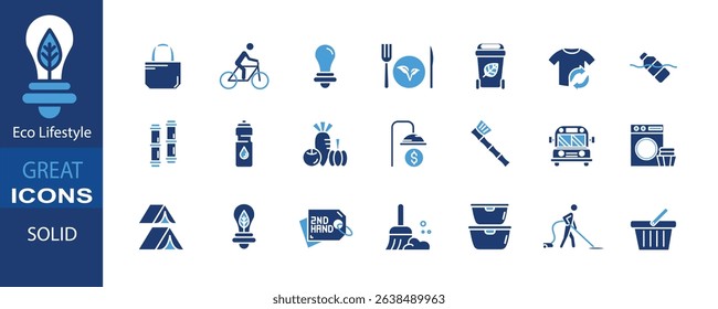 Set of 21 solid-style icons illustrating an eco-friendly lifestyle. Includes reusable bags, electric transport, plant-based meals, composting, natural cleaning, and zero-waste habits.