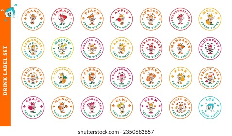 Set of 21 stickers characters of fruit drink from orange, tomato, apple, pear, grape, lemonade, peach, carrot, pineapple, mojito and etc. Isolated vector labels of mascots on transparent background
