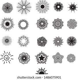 Set of 21 trendy hand drawn retro sunburst/bursting rays/Mandala/ stars black design elements