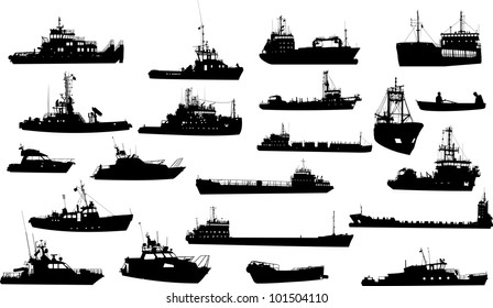 Set of 21 (twenty one) silhouettes of sea yachts, towboat and the ships