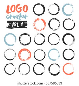 Set of 21 unique ink sketched shapes for logotype, brand style, badge or emblem. Handdrawn textured vector elements with rough edges isolated on white background. Logo creator collection.