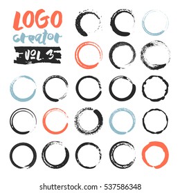 Set of 21 unique ink sketched shapes for logotype, brand style, badge or emblem. Handdrawn textured vector elements with rough edges isolated on white background. Logo creator collection.