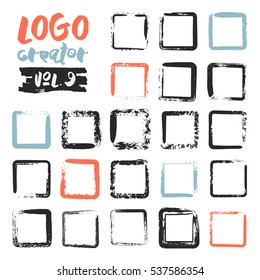 Set of 21 unique ink sketched shapes for logotype, brand style, badge or emblem. Handdrawn textured vector elements with rough edges isolated on white background. Logo creator collection.