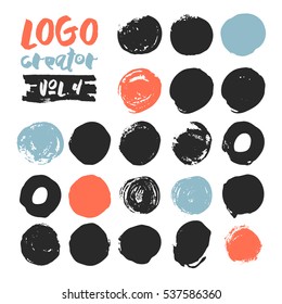 Set of 21 unique ink sketched shapes for logotype, brand style, badge or emblem. Handdrawn textured vector elements with rough edges isolated on white background. Logo creator collection.
