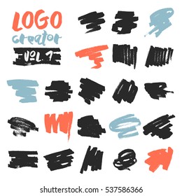 Set of 21 unique ink sketched shapes for logotype, brand style, badge or emblem. Handdrawn textured vector elements with rough edges isolated on white background. Logo creator collection.