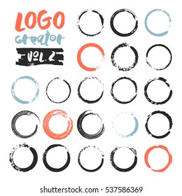 Set of 21 unique ink sketched shapes for logotype, brand style, badge or emblem. Handdrawn textured vector elements with rough edges isolated on white background. Logo creator collection.