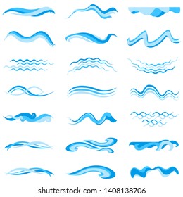 Set of 21 wave, icon vector logo design elements. Simple blue wave icon isolated on white background. Vector Illustration