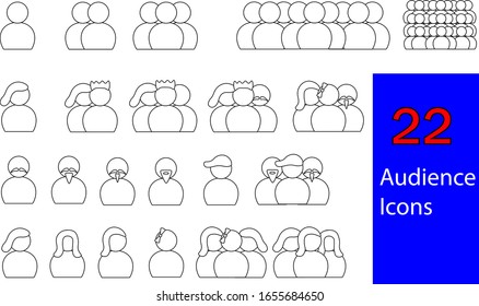 Set of 22 Audience Icons representing first party, second party, third party, male audiences, female audiences, all-male audience icons, all-female audience icons, and mixed gender audience icons.