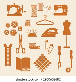 Set of 22 brown vector sewing supplies and tools icons on beige background