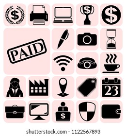 Set of 22 business high quality symbols or icons. Collection. Flat design. Vector Illustration.