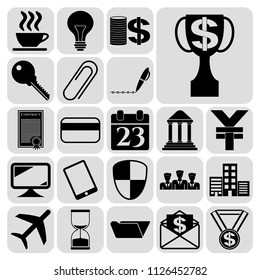 Set of 22 business high quality icons or symbols. Collection. Flat design. Vector Illustration.