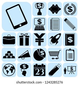 Set of 22 business high quality icons or symbols. Collection. Flat design. Vector Illustration.