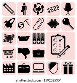 Set of 22 business high quality icons or symbols. Collection. Flat design. Vector Illustration.