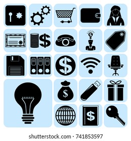 Set of 22 business high quality icons or symbols. Collection. Flat design. Vector Illustration.
