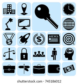 Set of 22 business high quality icons or symbols. Collection. Flat design. Vector Illustration.