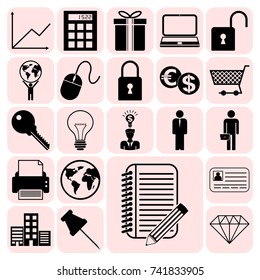 Set of 22 business icons or symbols. Collection. Flat design. Vector Illustration.