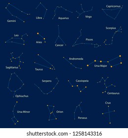 Set of 22 constellations. Yellow stars on a blue background, with names in Latin, made in the vector