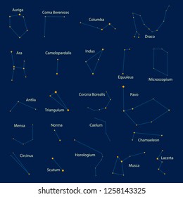 Set of 22 constellations. Yellow stars on a blue background, with names in Latin, made in the vector