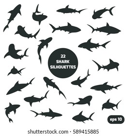 Set of 22 different shark silhouettes for you design.