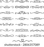 Set of 22 elegant line art heart divider illustrations featuring decorative flourish borders, romantic swirls, and minimalist heart ornaments. Perfect for wedding invitations, Valentine