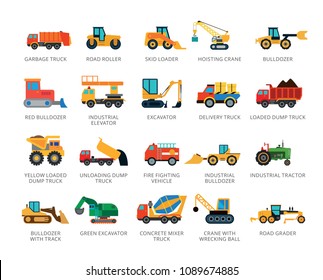 Set of 22 flat vector icons representing special and industrial vehicles concepts