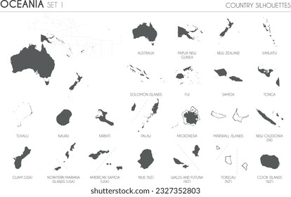 Conjunto de 22 mapas detallados de siluetas de alto nivel de los países y territorios de Oceanía, y mapa de la ilustración vectorial de Oceanía.