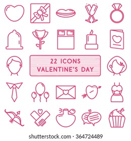 Set of 22 icons in style monoline for Happy Valentine's Day. Vector illustration